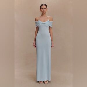 Meshki Bernadina Pale Blue Mesh And Slinky Halter Maxi Dress
